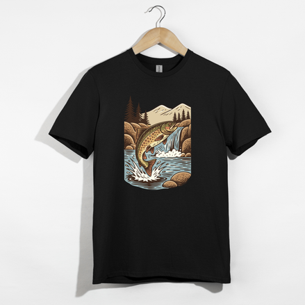 Jumping Trout with Waterfall Background Fly Fishing T-Shirt