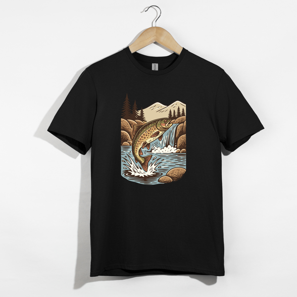 Jumping Trout with Waterfall Background Fly Fishing T-Shirt