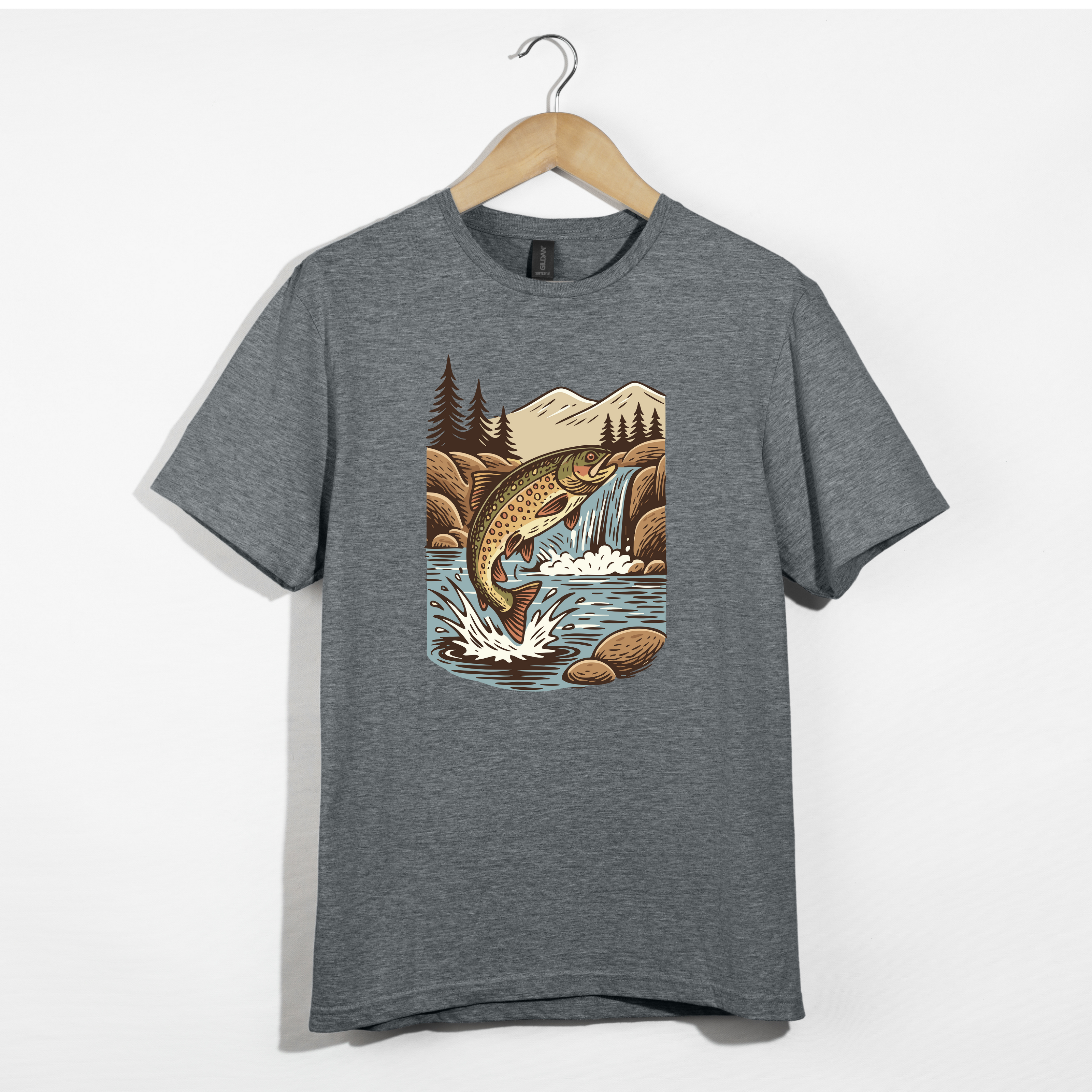 Jumping Trout with Waterfall Background Fly Fishing T-Shirt