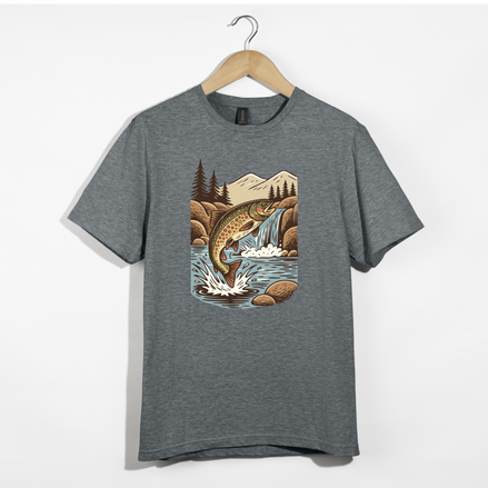 Jumping Trout with Waterfall Background Fly Fishing T-Shirt