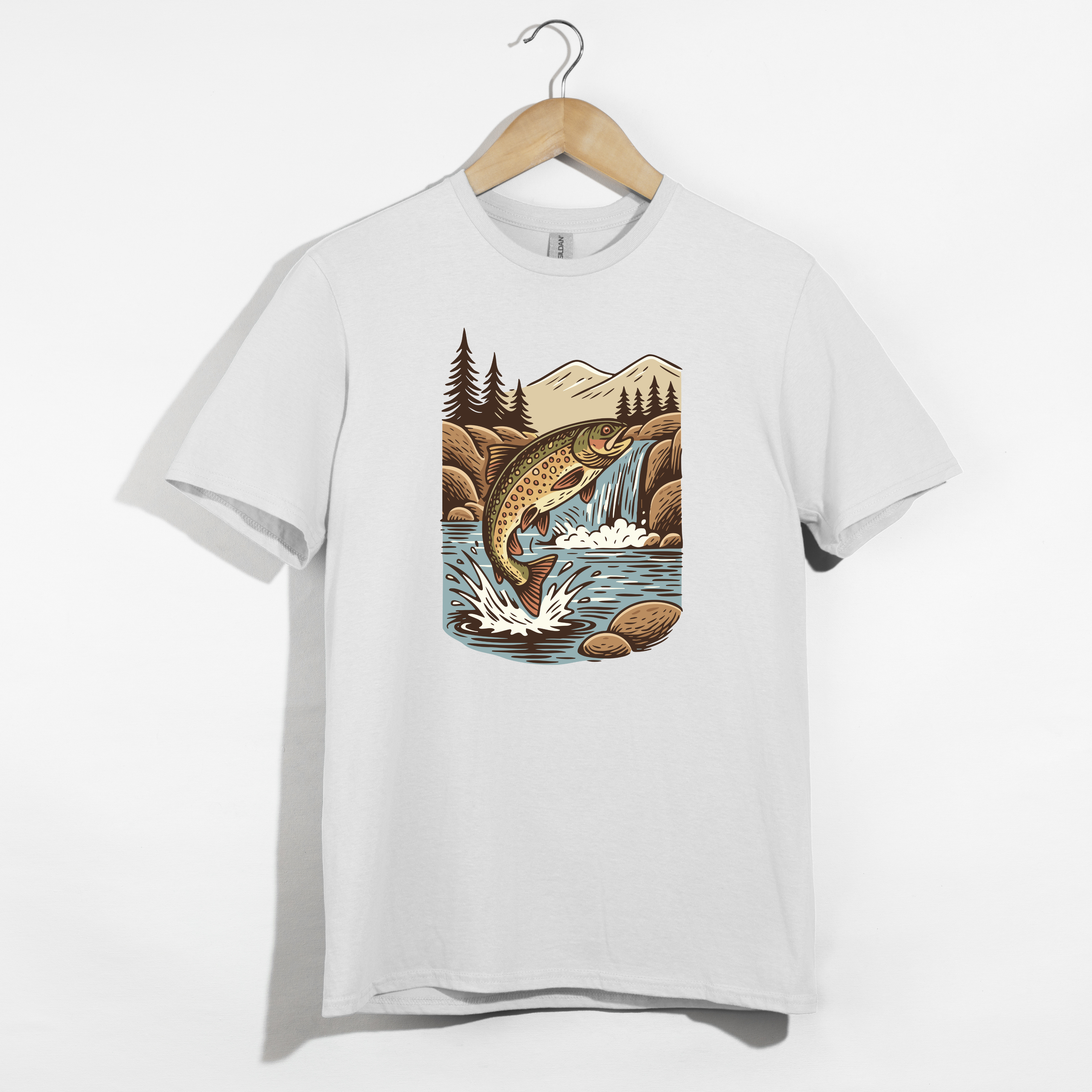 Jumping Trout with Waterfall Background Fly Fishing T-Shirt