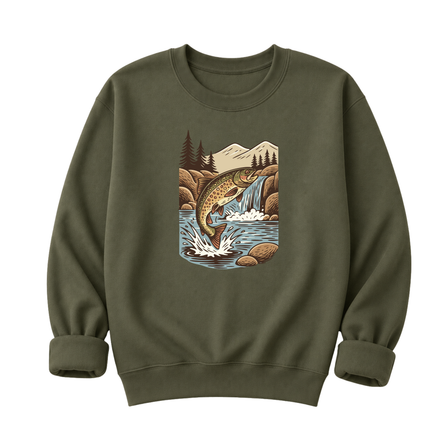 Jumping Trout with Waterfall Background Fly Fishing T-Shirt or Sweatshirt