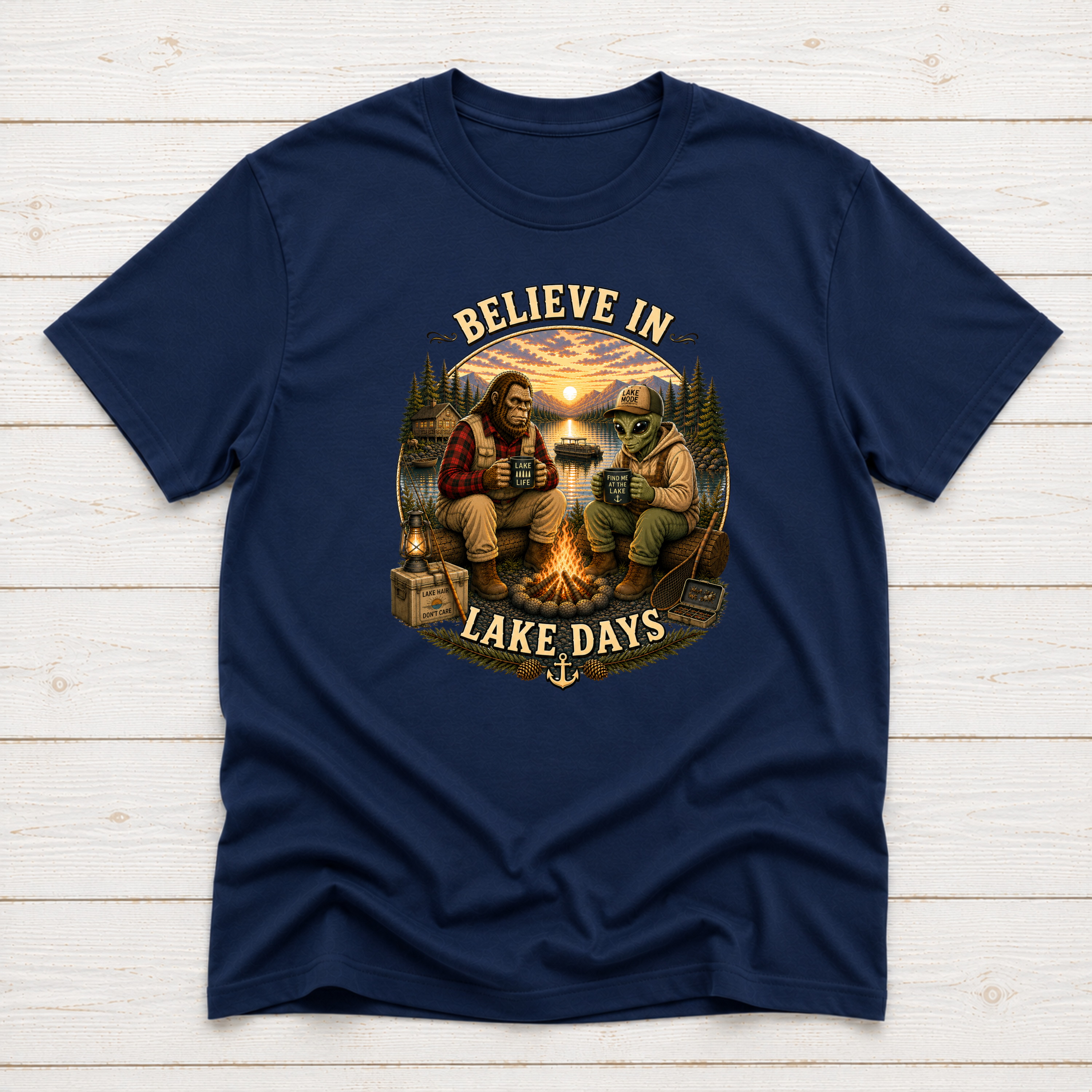 Believe In Lake Days Bigfoot and Yeti Lake Theme T-Shirt or Sweatshirt