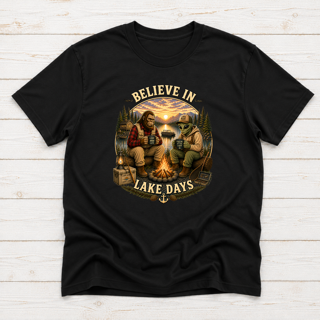 Believe In Lake Days Bigfoot and Yeti Lake Theme T-Shirt or Sweatshirt