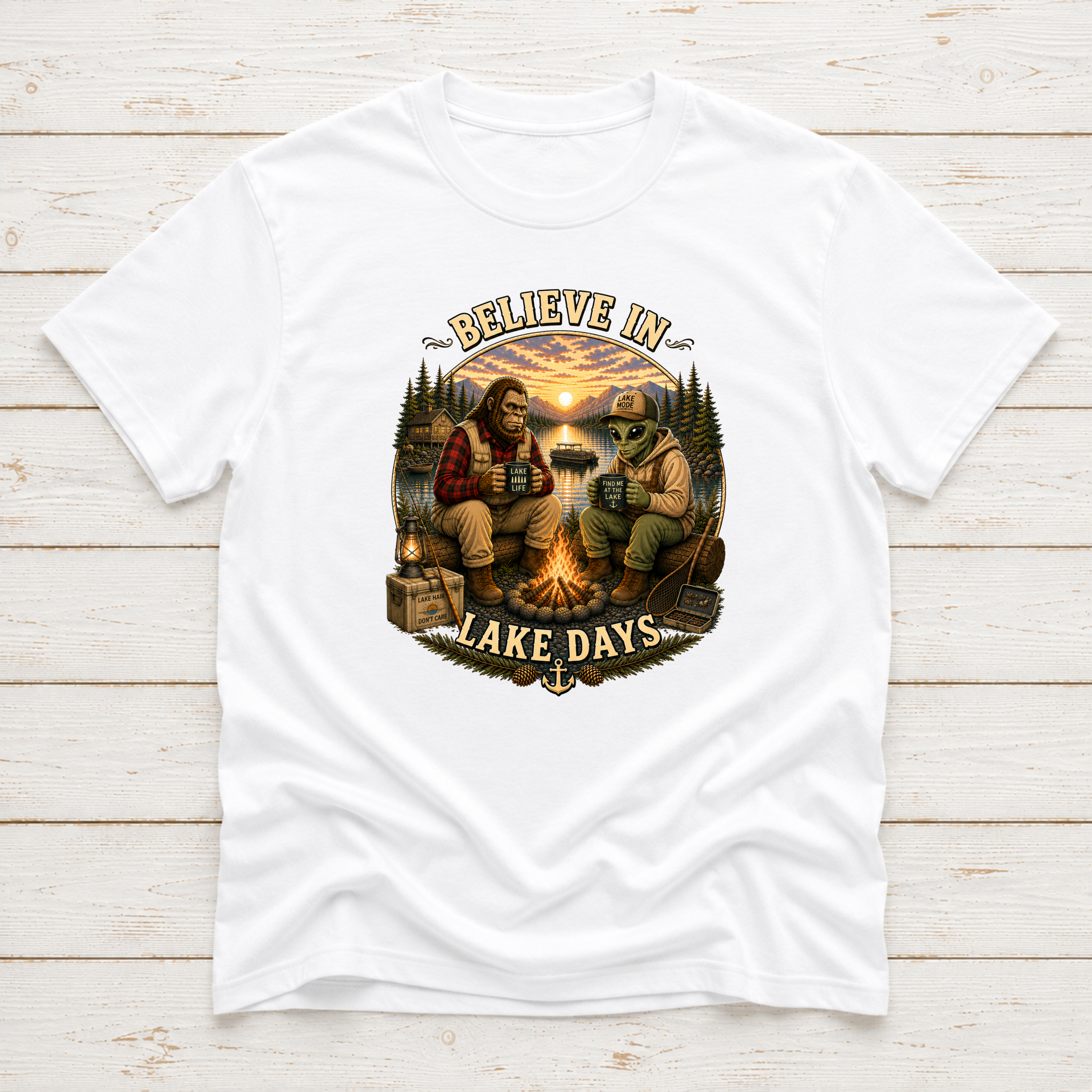 Believe In Lake Days Bigfoot and Yeti Lake Theme T-Shirt or Sweatshirt