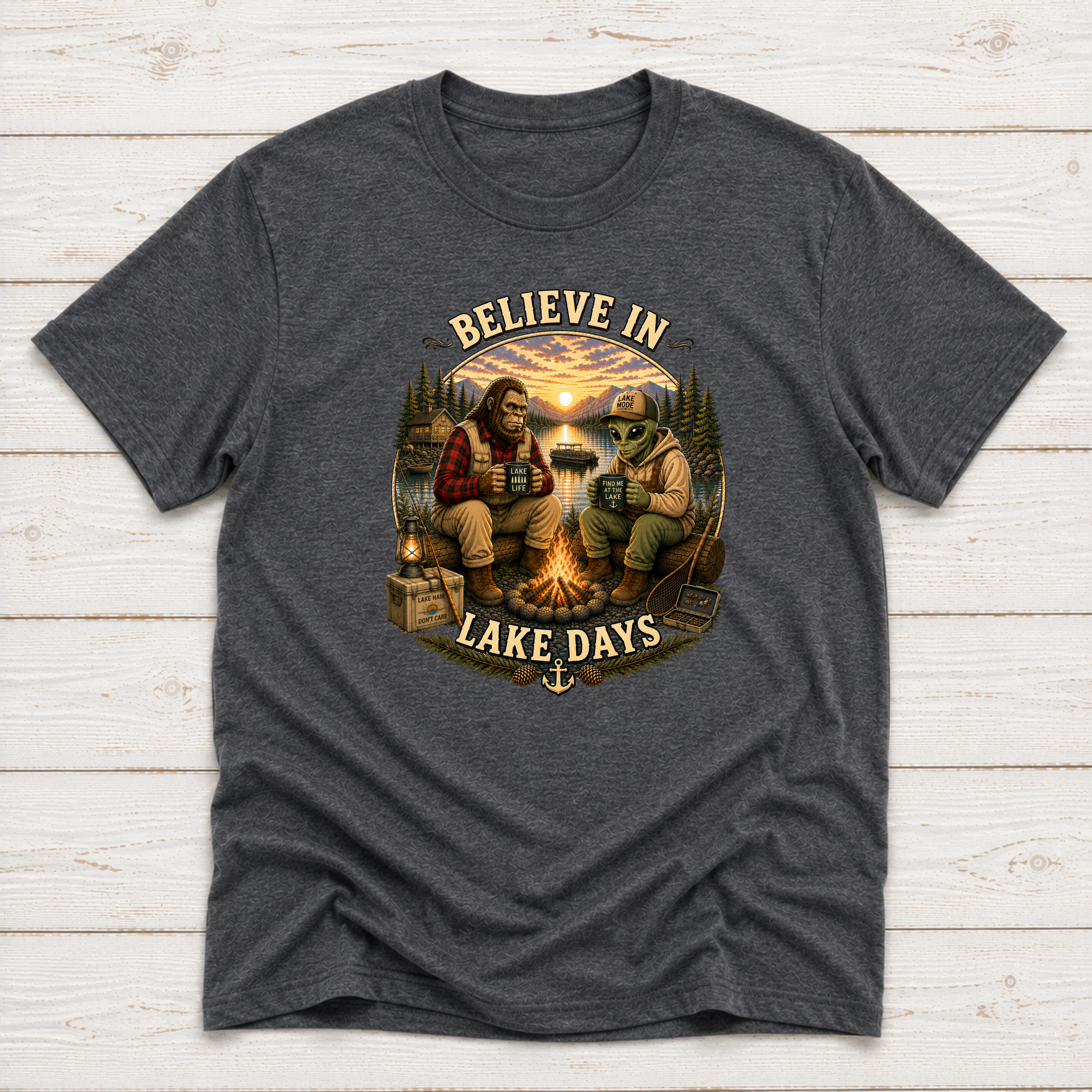 Believe In Lake Days Bigfoot and Yeti Lake Theme T-Shirt or Sweatshirt