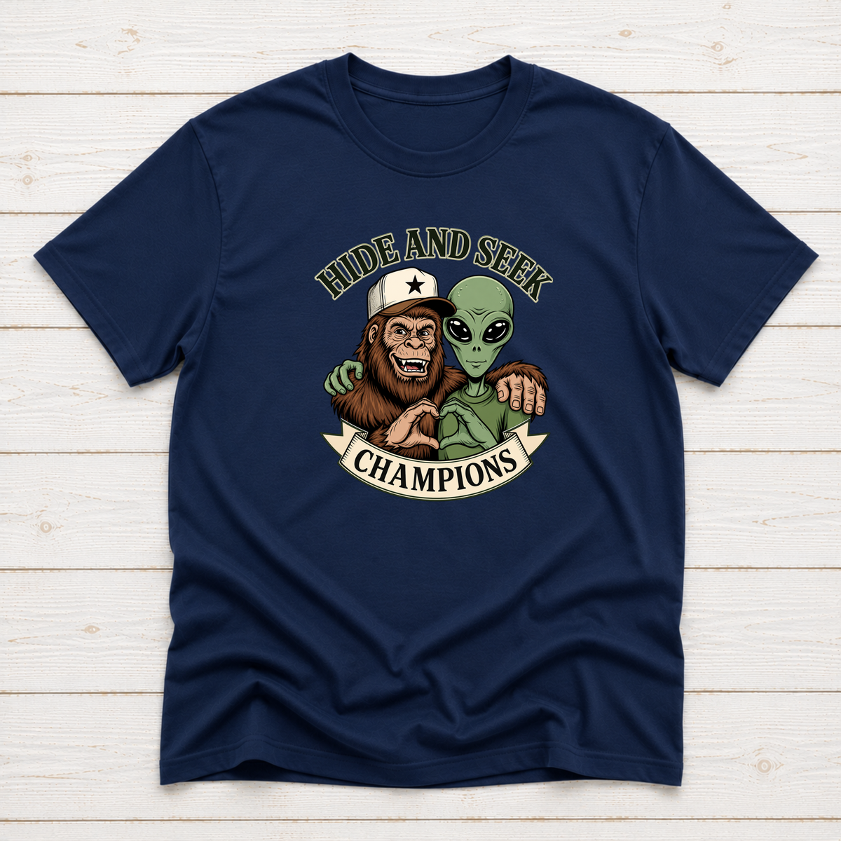 Bigfoot & Alien Hide and Seek | Funny Graphic T-Shirt or Sweatshirt