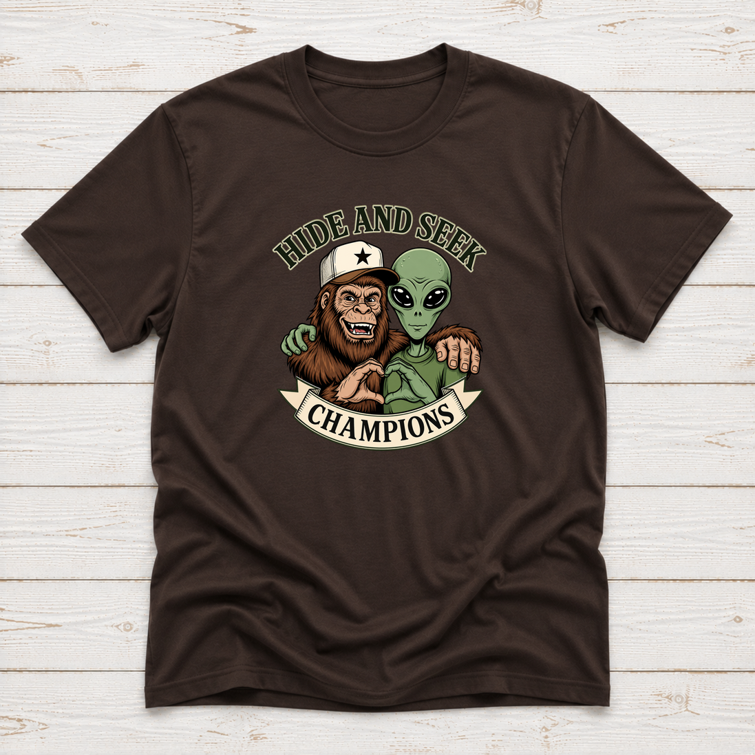 Bigfoot & Alien Hide and Seek | Funny Graphic T-Shirt or Sweatshirt