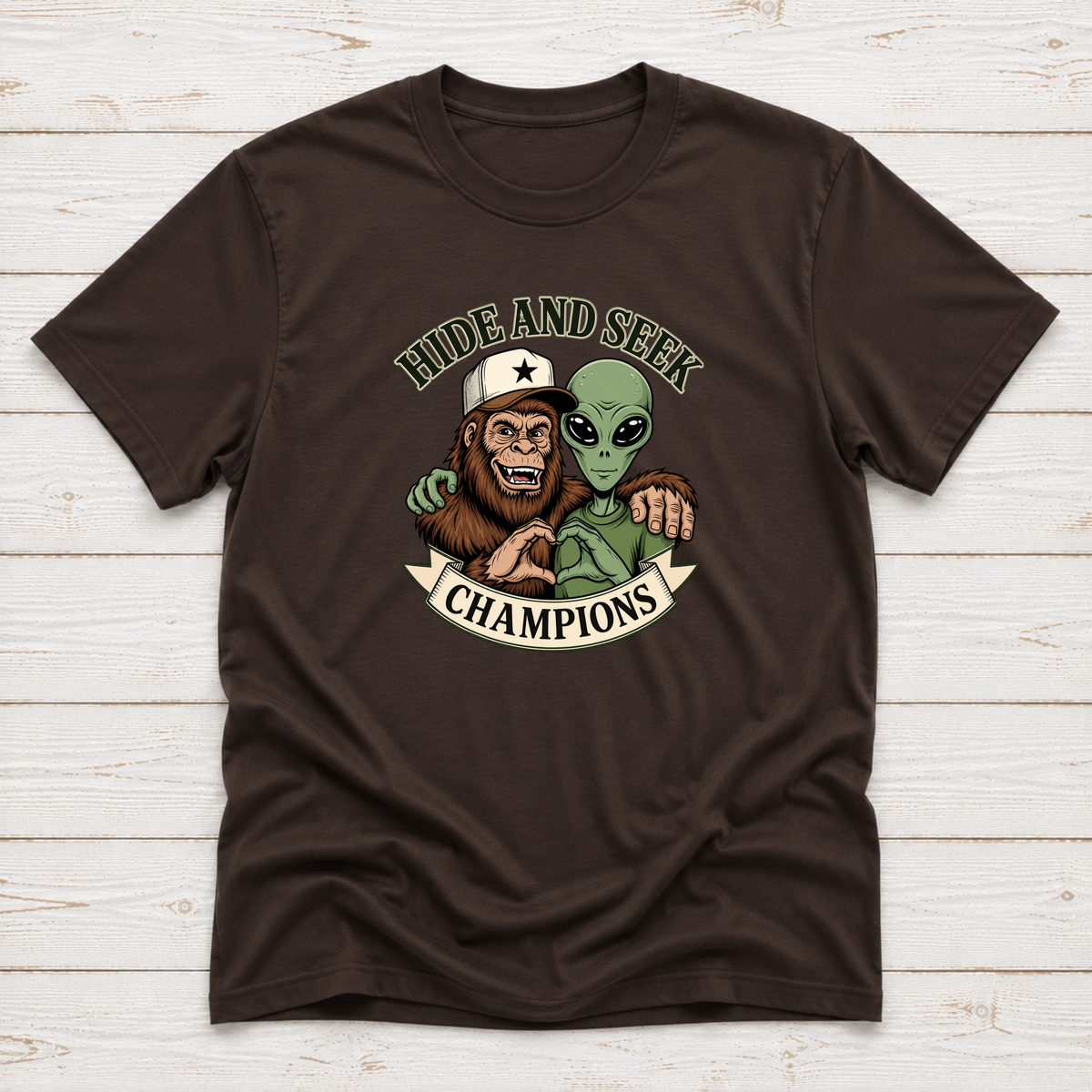 Bigfoot & Alien Hide and Seek | Funny Graphic T-Shirt or Sweatshirt