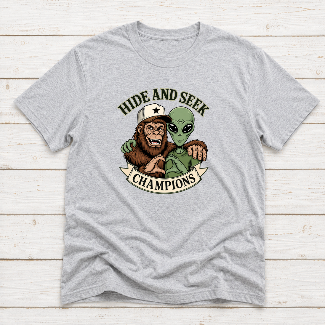 Bigfoot & Alien Hide and Seek | Funny Graphic T-Shirt or Sweatshirt