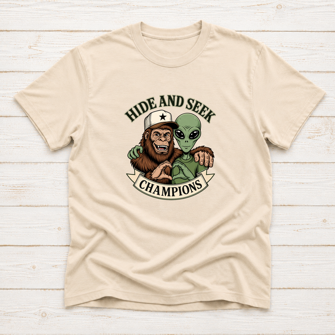 Bigfoot & Alien Hide and Seek | Funny Graphic T-Shirt or Sweatshirt