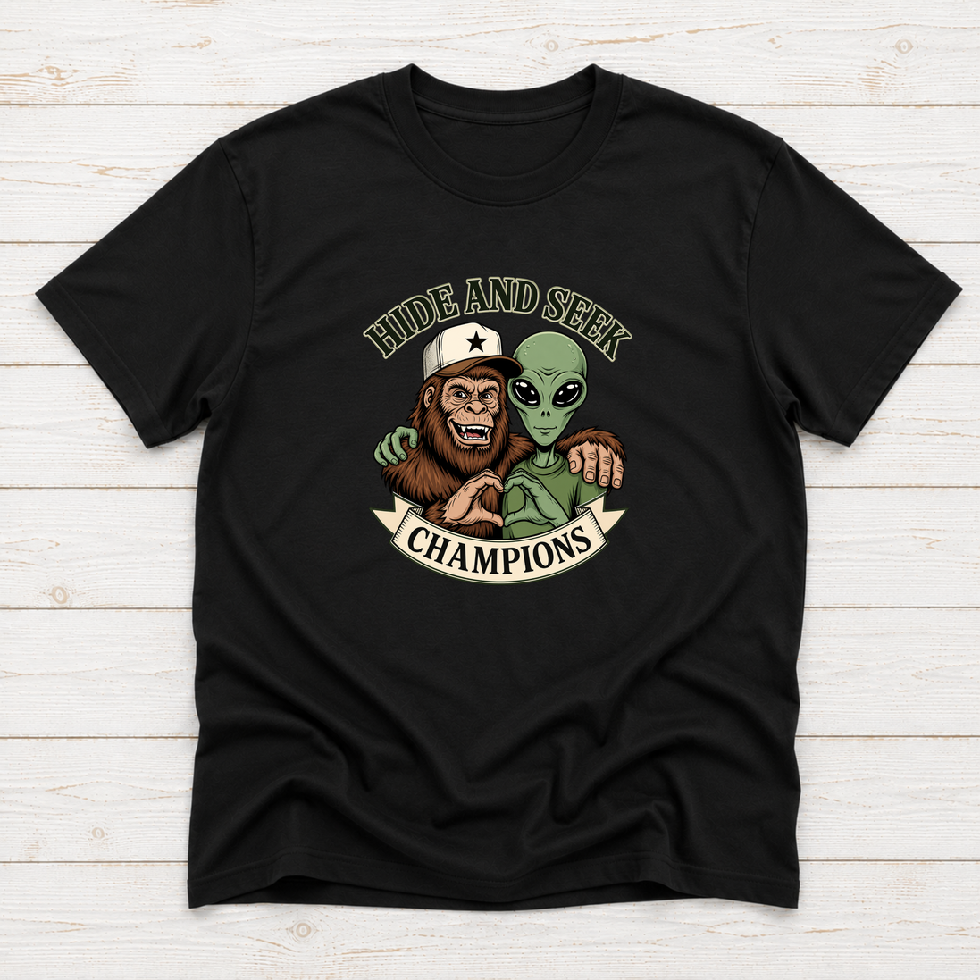 Bigfoot & Alien Hide and Seek | Funny Graphic T-Shirt or Sweatshirt