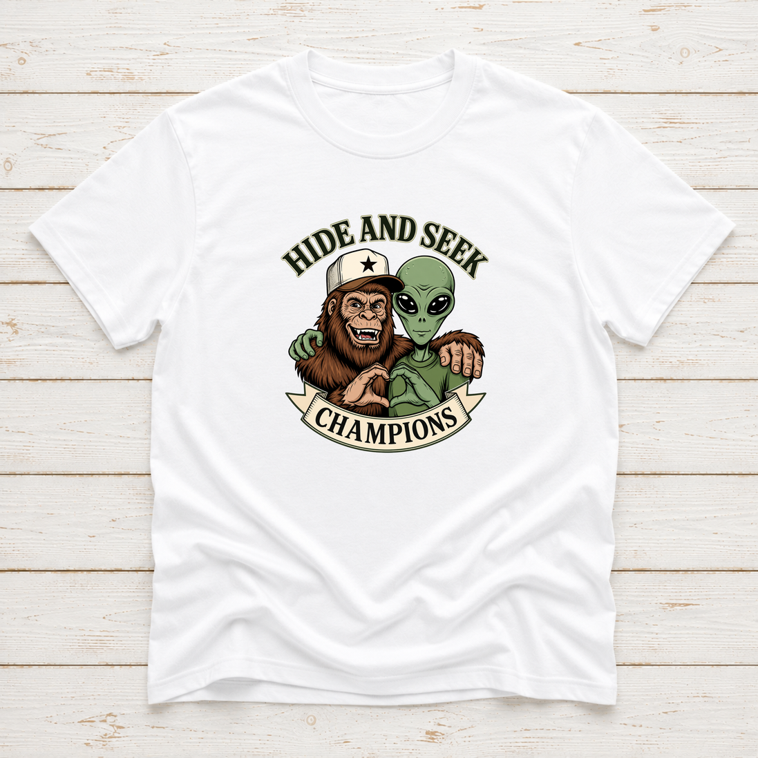 Bigfoot & Alien Hide and Seek | Funny Graphic T-Shirt or Sweatshirt