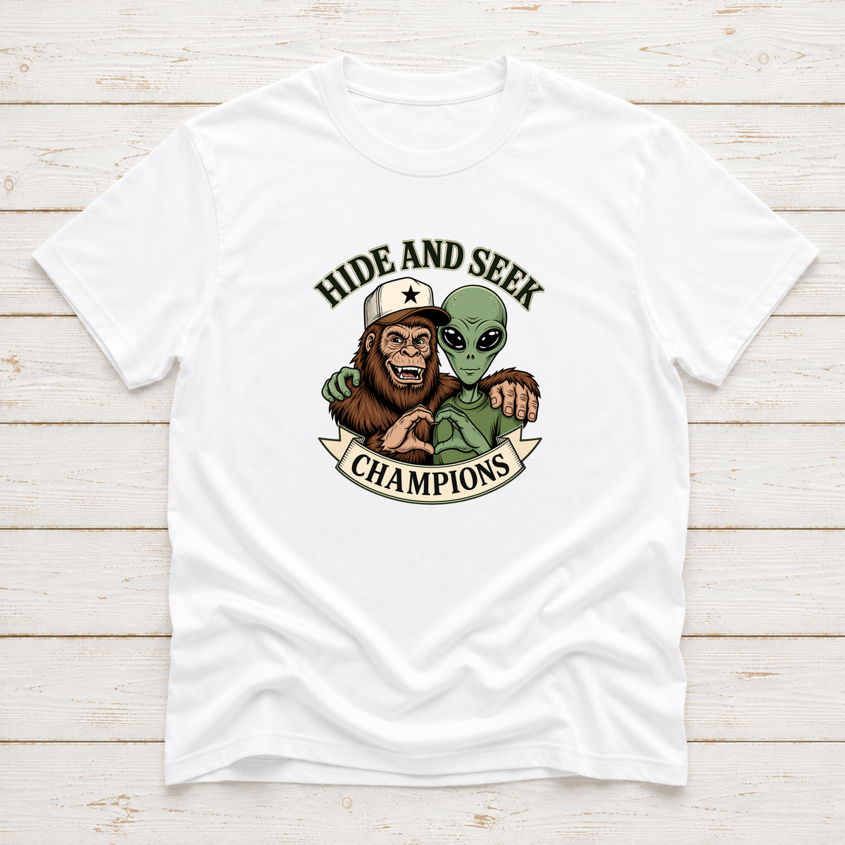 Bigfoot & Alien Hide and Seek | Funny Graphic T-Shirt or Sweatshirt
