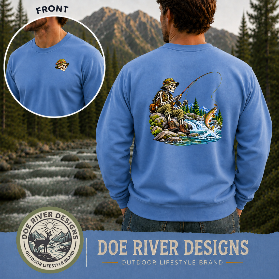 Skeleton Fly Fishing T-Shirt or Sweatshirt | Front & Back Graphic