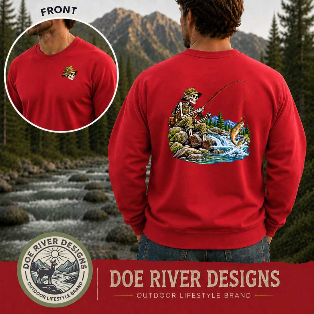 Skeleton Fly Fishing T-Shirt or Sweatshirt | Front & Back Graphic