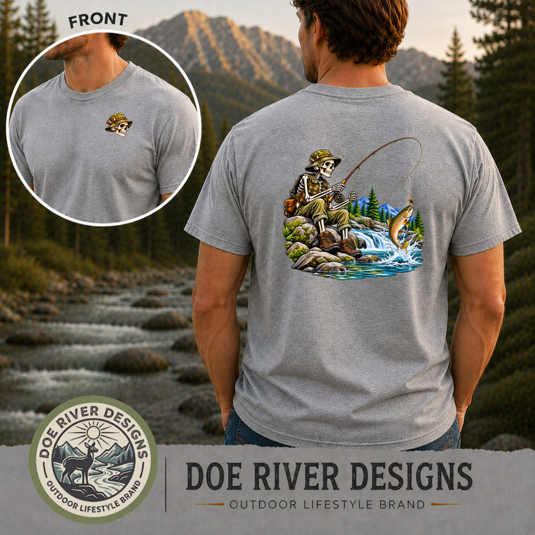Skeleton Fly Fishing T-Shirt or Sweatshirt | Front & Back Graphic