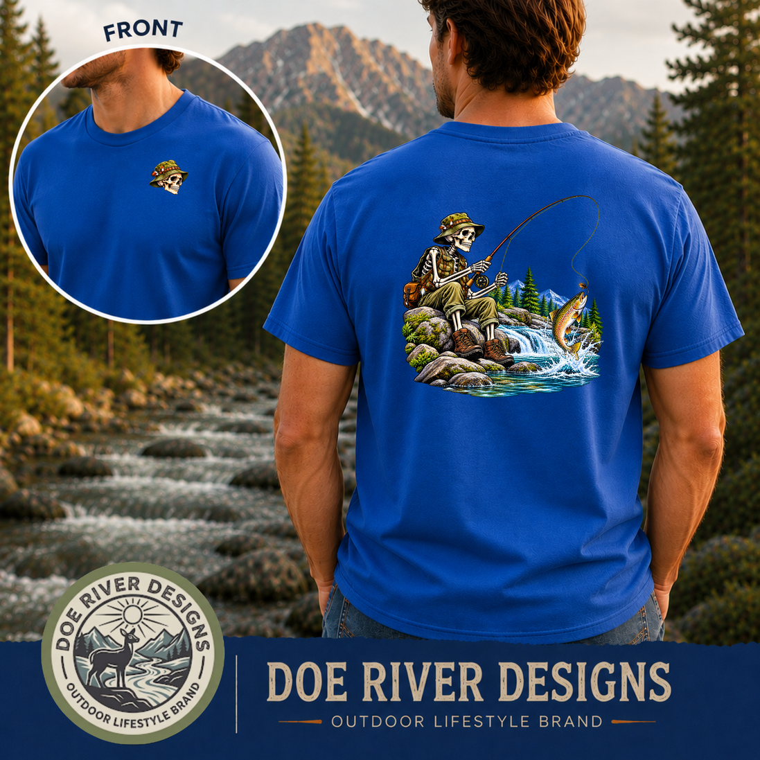 Skeleton Fly Fishing T-Shirt or Sweatshirt | Front & Back Graphic