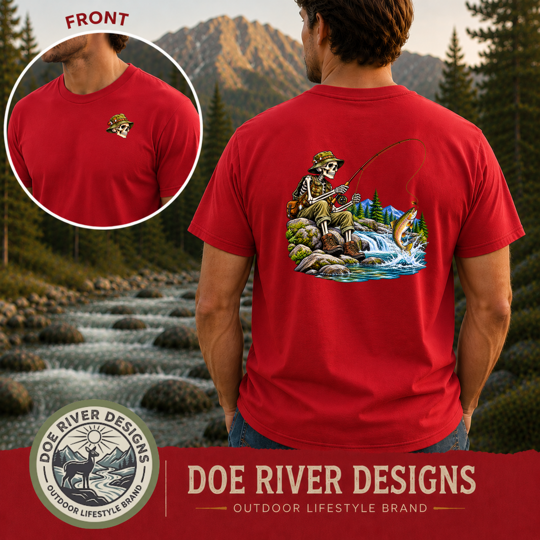 Skeleton Fly Fishing T-Shirt or Sweatshirt | Front & Back Graphic