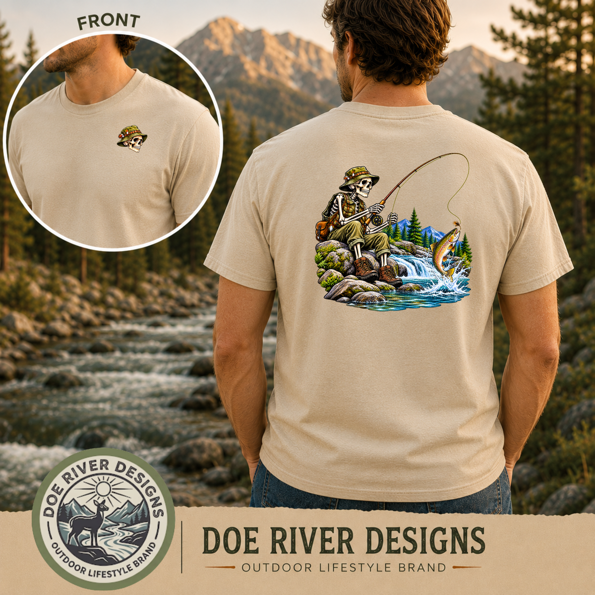 Skeleton Fly Fishing T-Shirt or Sweatshirt | Front & Back Graphic