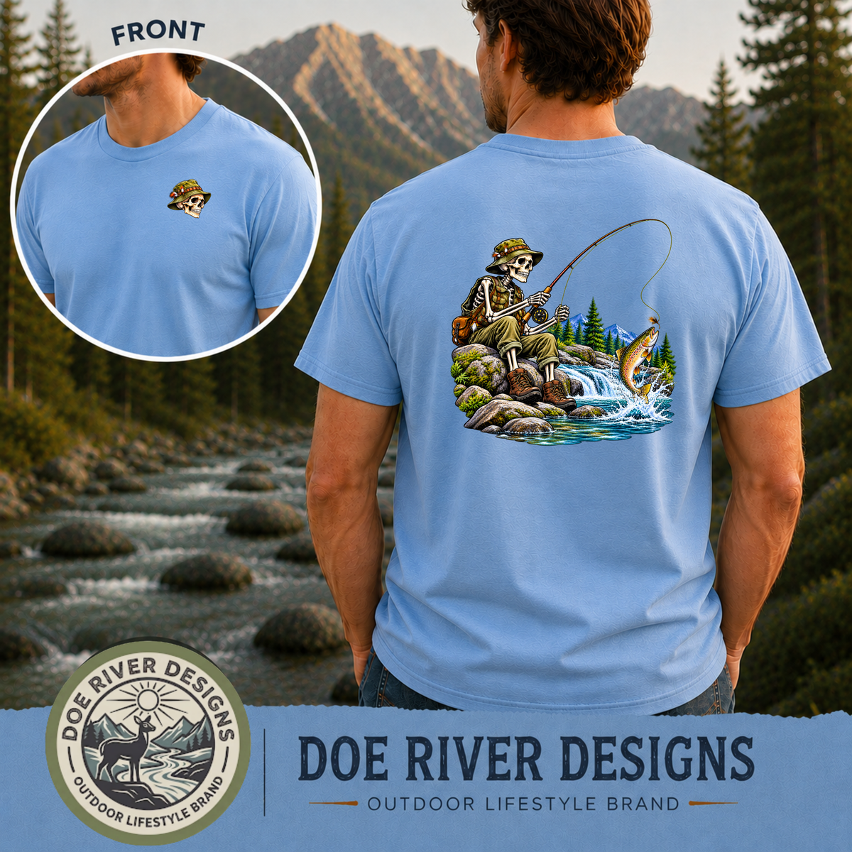 Skeleton Fly Fishing T-Shirt or Sweatshirt | Front & Back Graphic