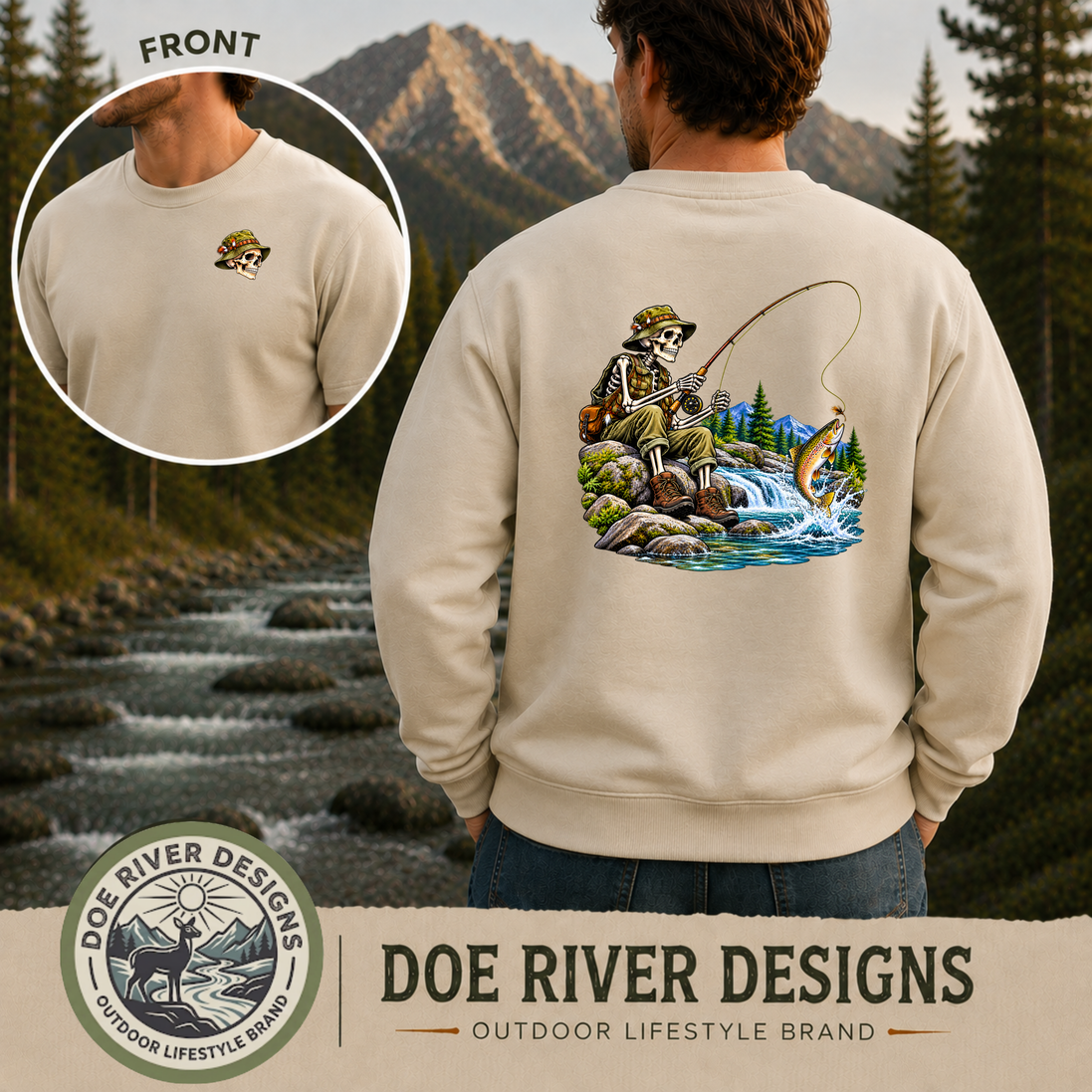 Skeleton Fly Fishing T-Shirt or Sweatshirt | Front & Back Graphic