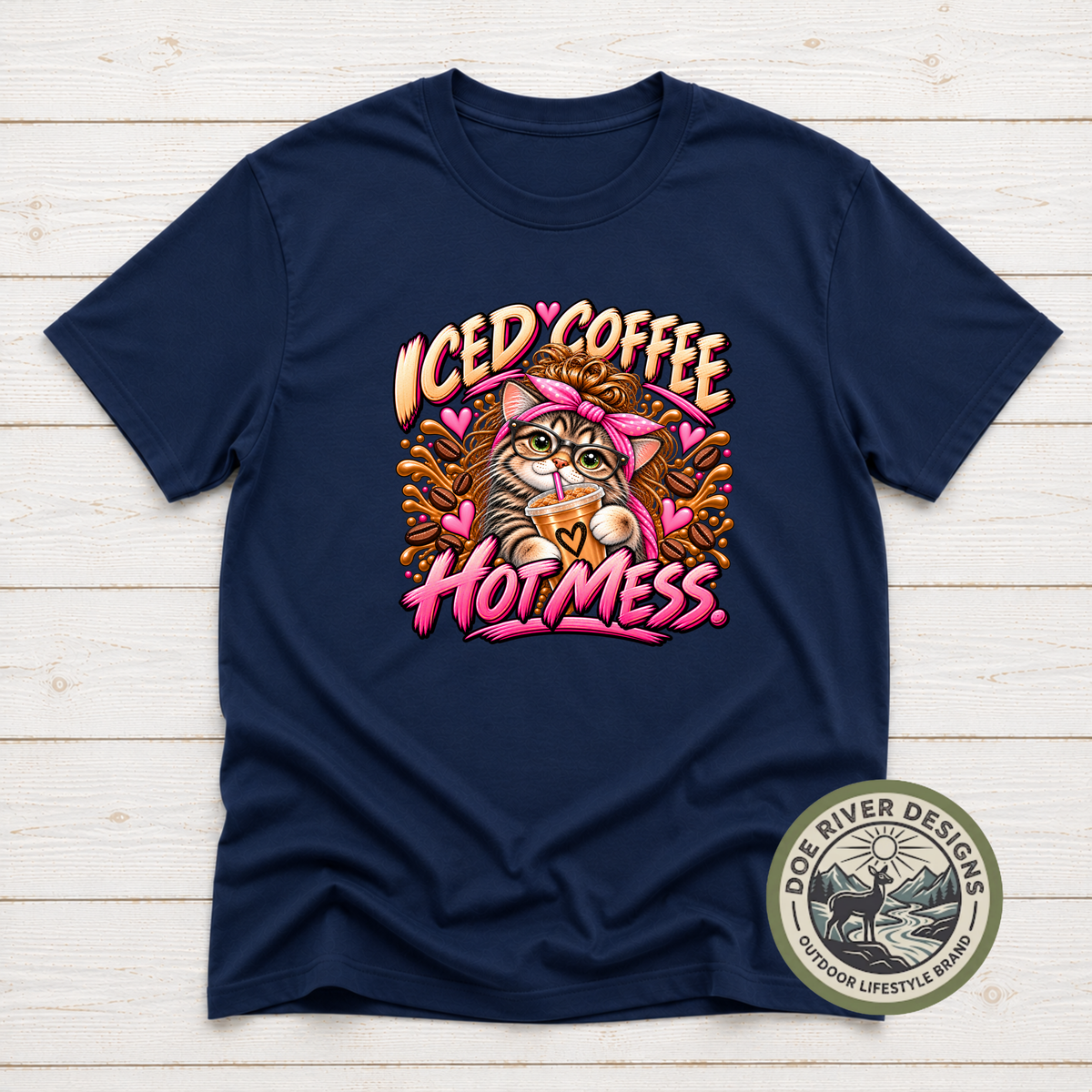 Iced Coffee Hot Mess Cat T-Shirt or Sweatshirt | Funny Coffee Lover Shirt