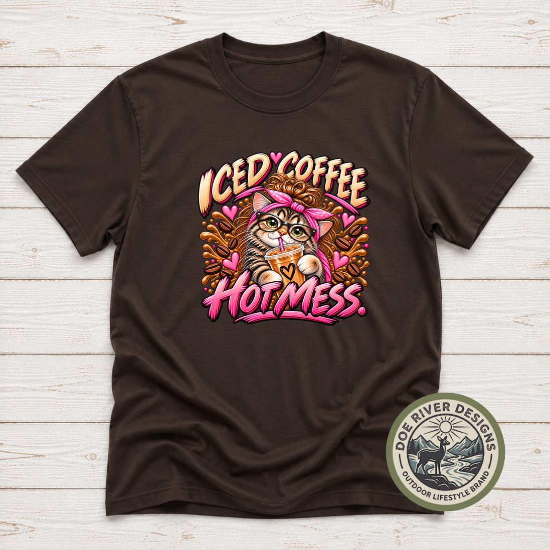 Iced Coffee Hot Mess Cat T-Shirt or Sweatshirt | Funny Coffee Lover Shirt