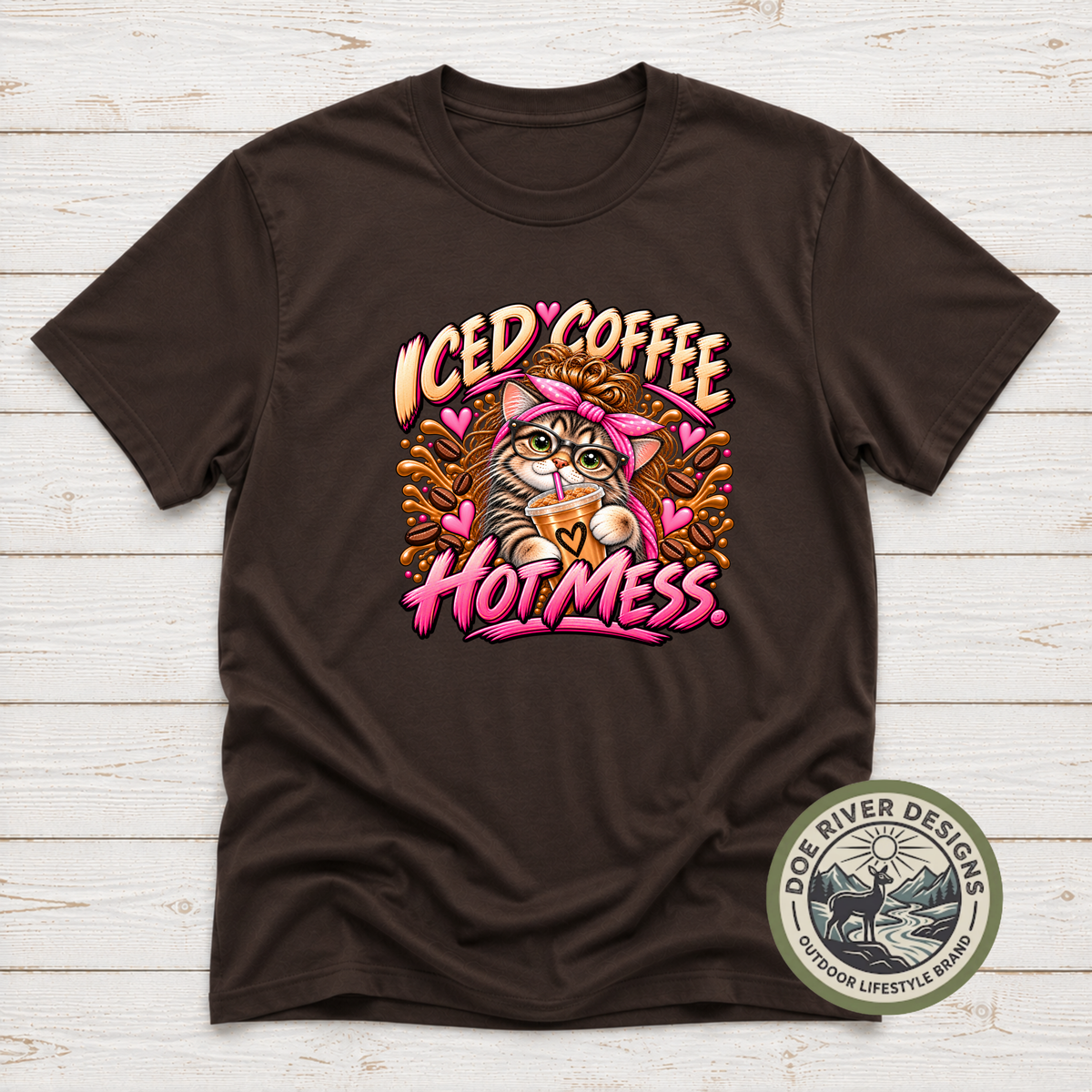 Iced Coffee Hot Mess Cat T-Shirt or Sweatshirt | Funny Coffee Lover Shirt