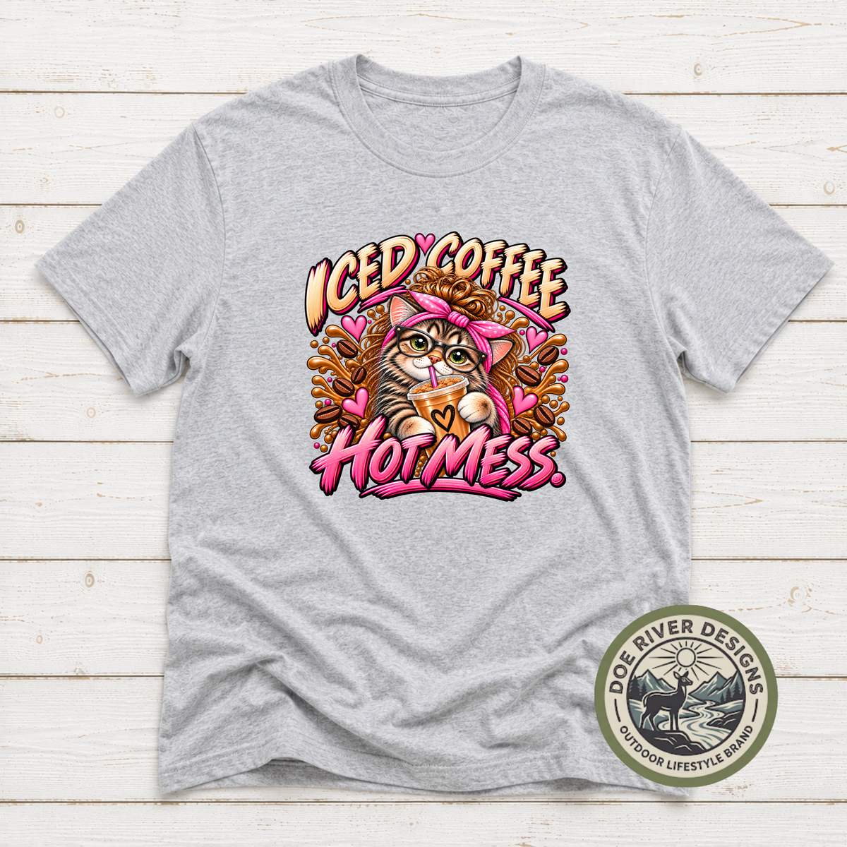 Iced Coffee Hot Mess Cat T-Shirt or Sweatshirt | Funny Coffee Lover Shirt