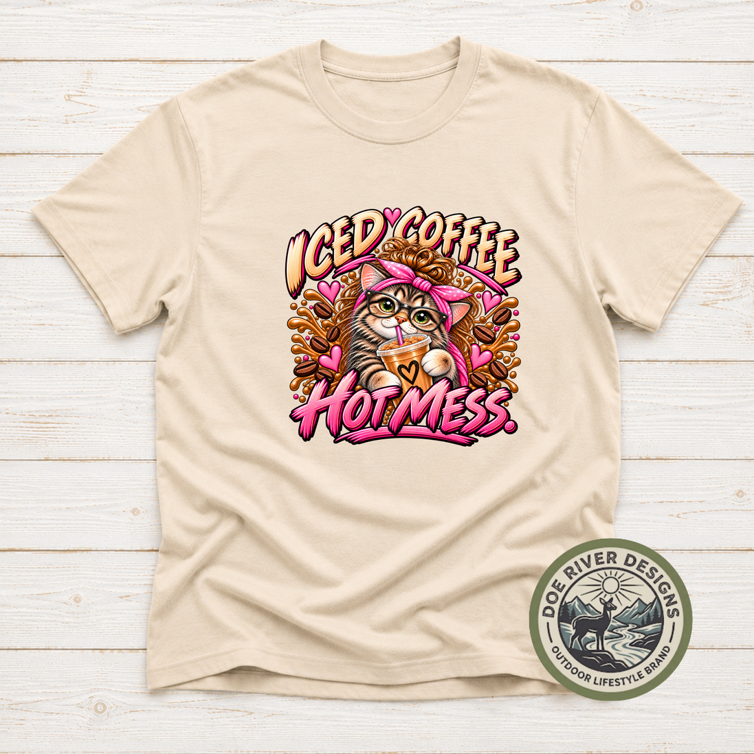 Iced Coffee Hot Mess Cat T-Shirt or Sweatshirt | Funny Coffee Lover Shirt
