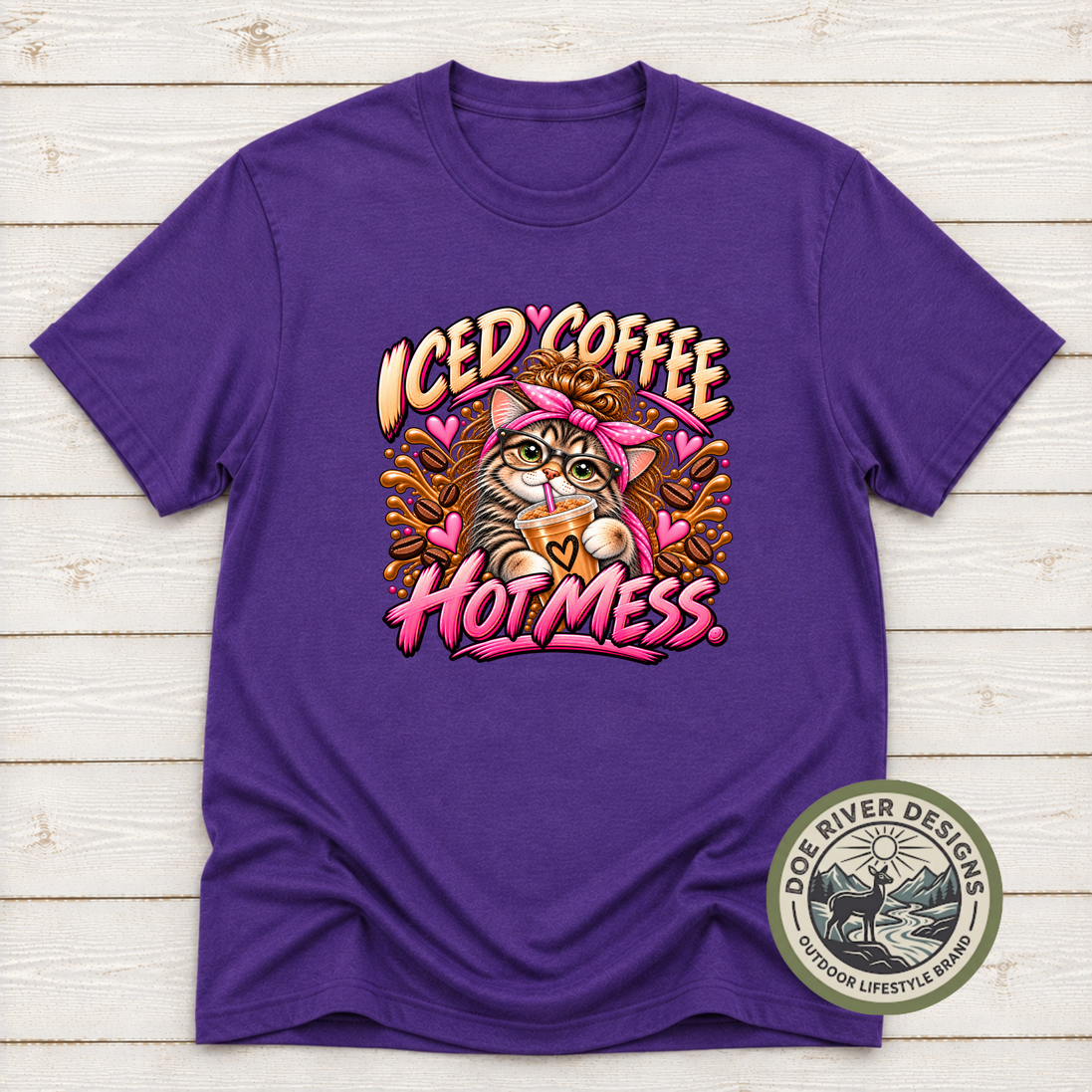 Iced Coffee Hot Mess Cat T-Shirt or Sweatshirt | Funny Coffee Lover Shirt