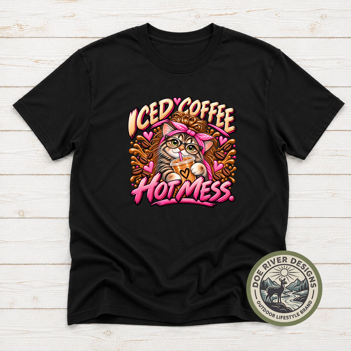 Iced Coffee Hot Mess Cat T-Shirt or Sweatshirt | Funny Coffee Lover Shirt
