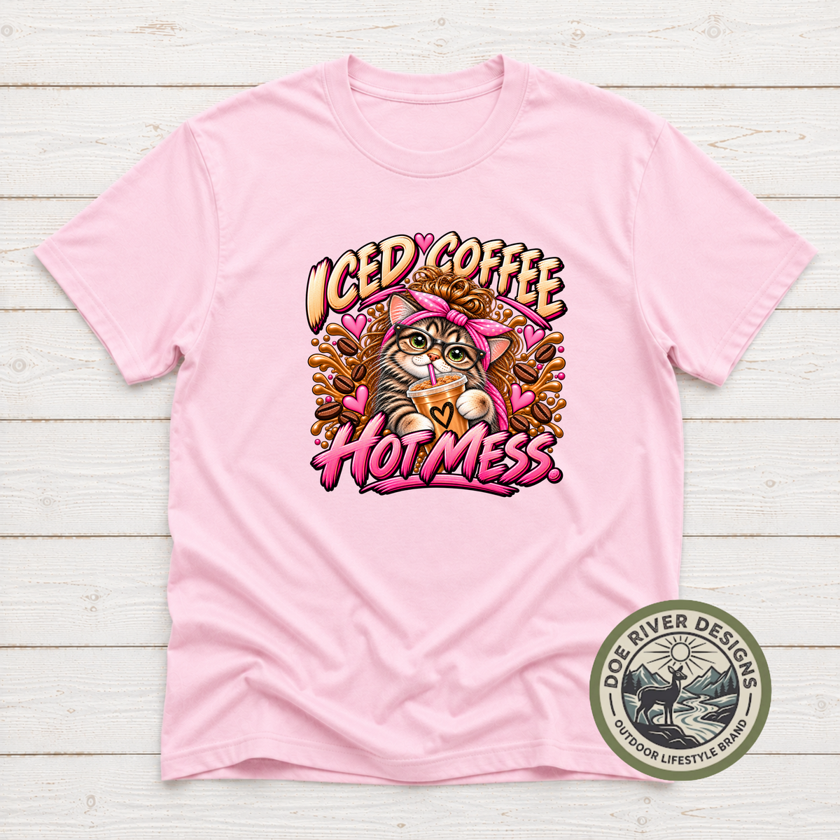Iced Coffee Hot Mess Cat T-Shirt or Sweatshirt | Funny Coffee Lover Shirt