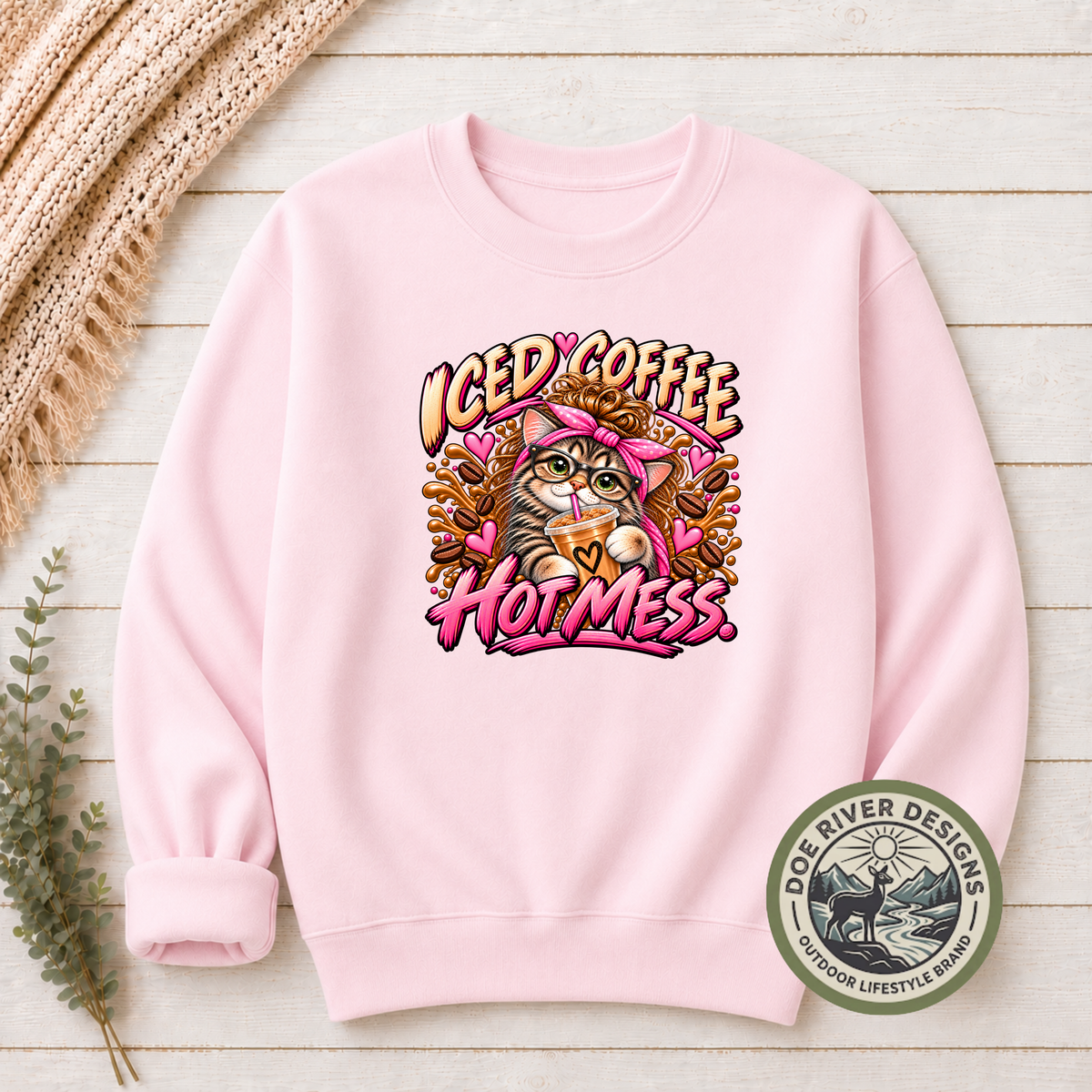 Iced Coffee Hot Mess Cat T-Shirt or Sweatshirt | Funny Coffee Lover Shirt