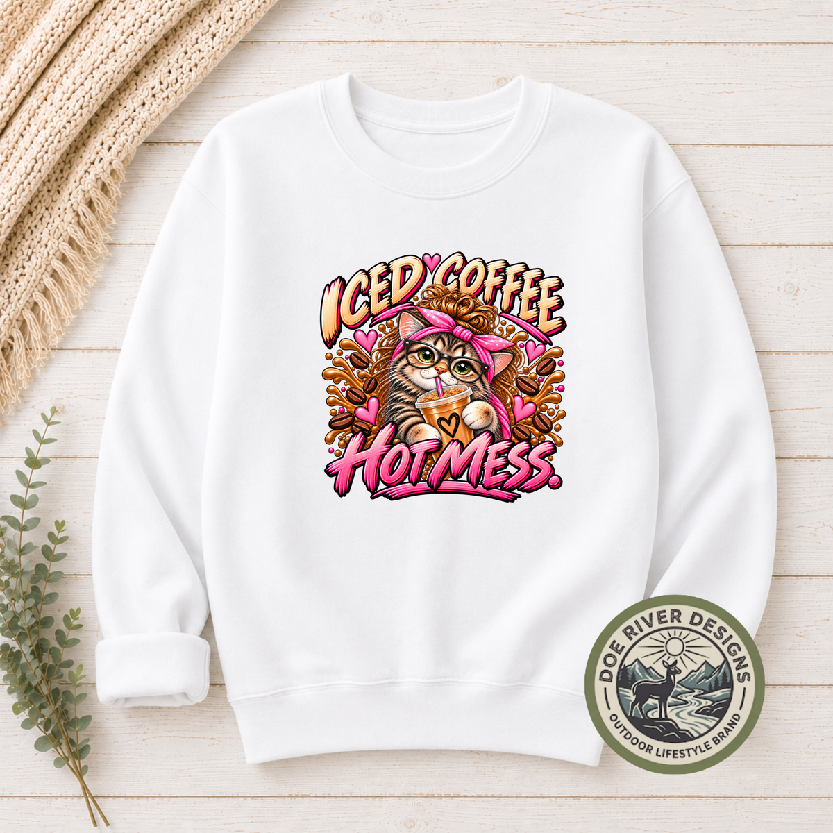 Iced Coffee Hot Mess Cat T-Shirt or Sweatshirt | Funny Coffee Lover Shirt