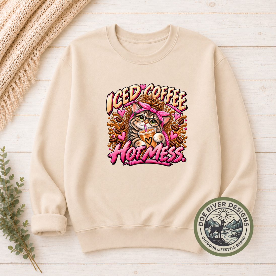 Iced Coffee Hot Mess Cat T-Shirt or Sweatshirt | Funny Coffee Lover Shirt