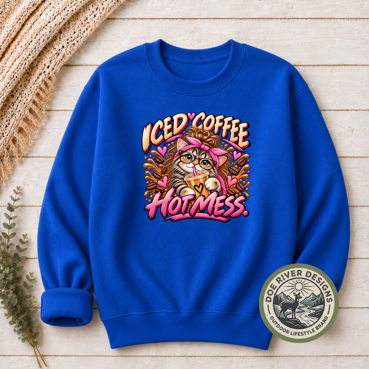 Iced Coffee Hot Mess Cat T-Shirt or Sweatshirt | Funny Coffee Lover Shirt