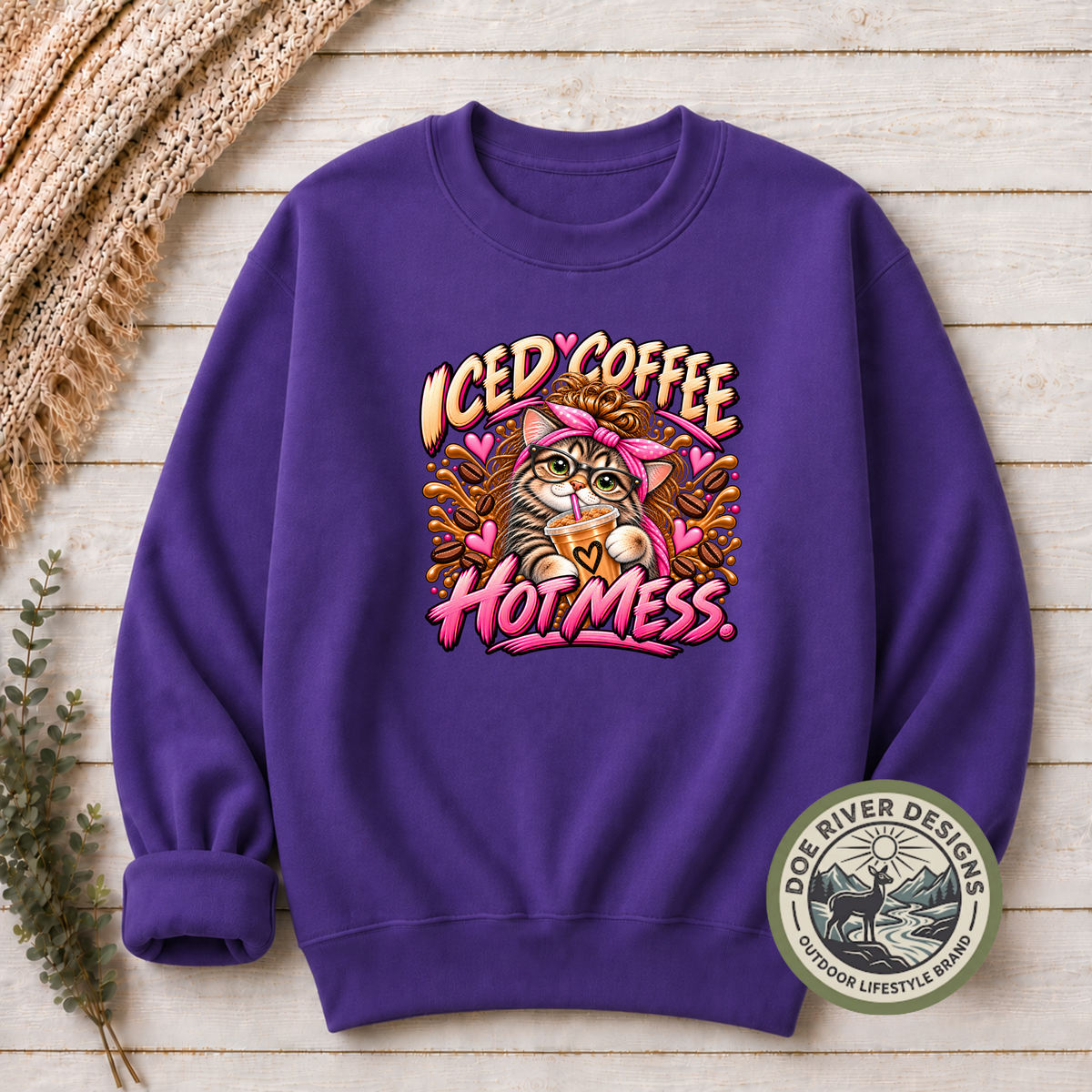 Iced Coffee Hot Mess Cat T-Shirt or Sweatshirt | Funny Coffee Lover Shirt