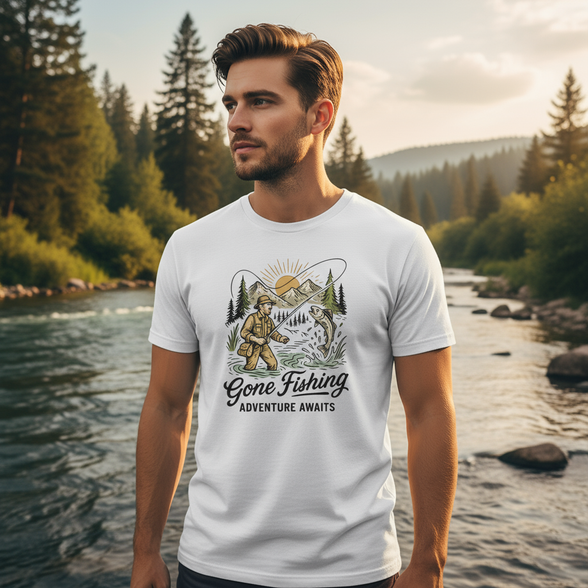 Adventure Awaits Fishing T-Shirt Male Model by River