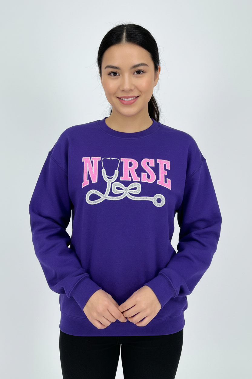 Appliqué Embroidered Nurse Sweatshirt  in purple