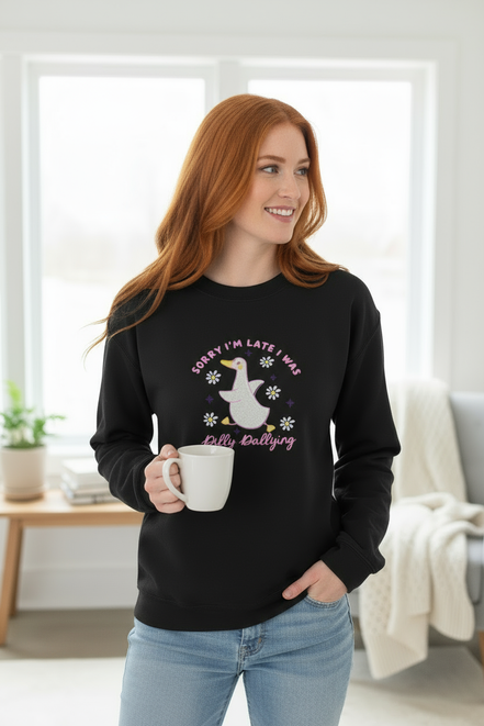 Black Sweatshirt with Red-headed Model