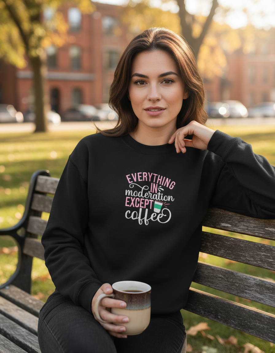 Black everything in moderation except coffee embroidered sweatshirt