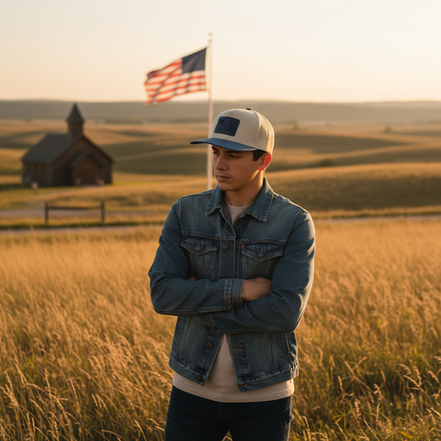 Blue and White 3 Nail Cross and Flag Cap on Model