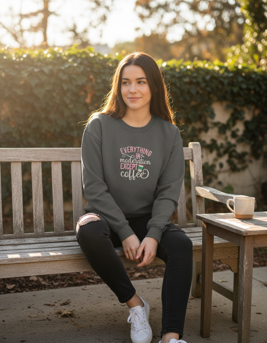 Charcoal everything in moderation except coffee embroidered sweatshirt