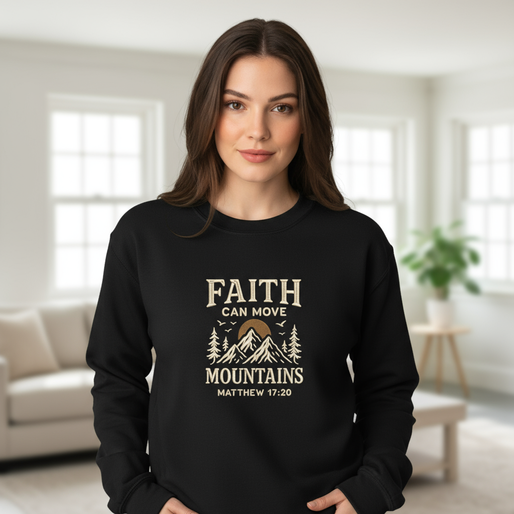 Close-up of female model wearing Faith Can Move Mountains black sweatshirt with 8x7 inch design