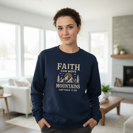 Close-up of female model wearing Faith Can Move Mountains navy sweatshirt with 8x7 inch design