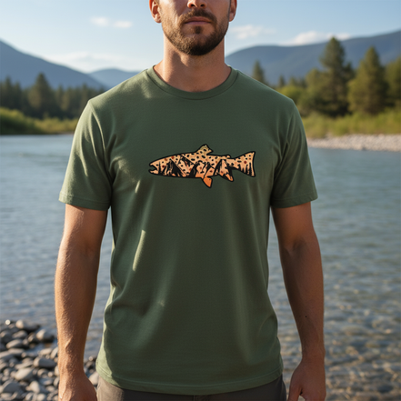 Close-up of male model wearing military green brown trout t-shirt on riverbank