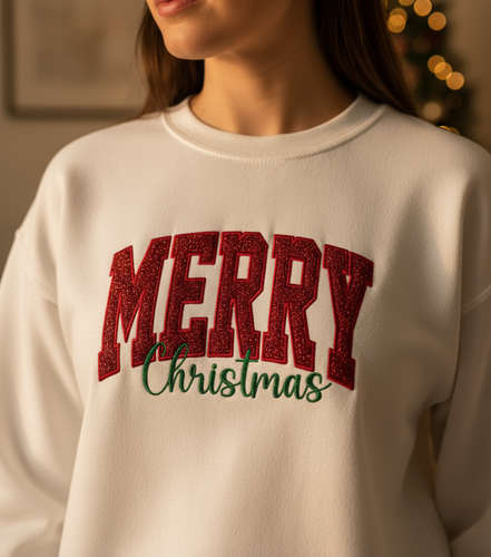 Close-up of white Gildan sweatshirt