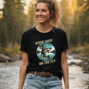 Closer portrait of female model wearing black fly fishing t-shirt